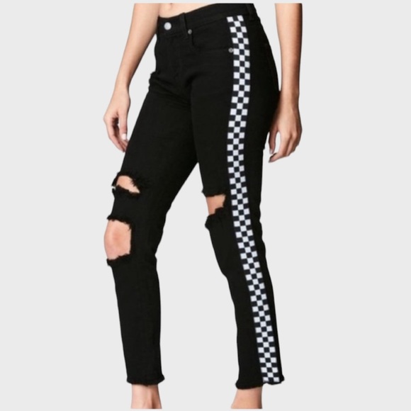 Carmar Side Stripe Jeans Mid Rise Checker Distressed Black White - Picture 3 of 10